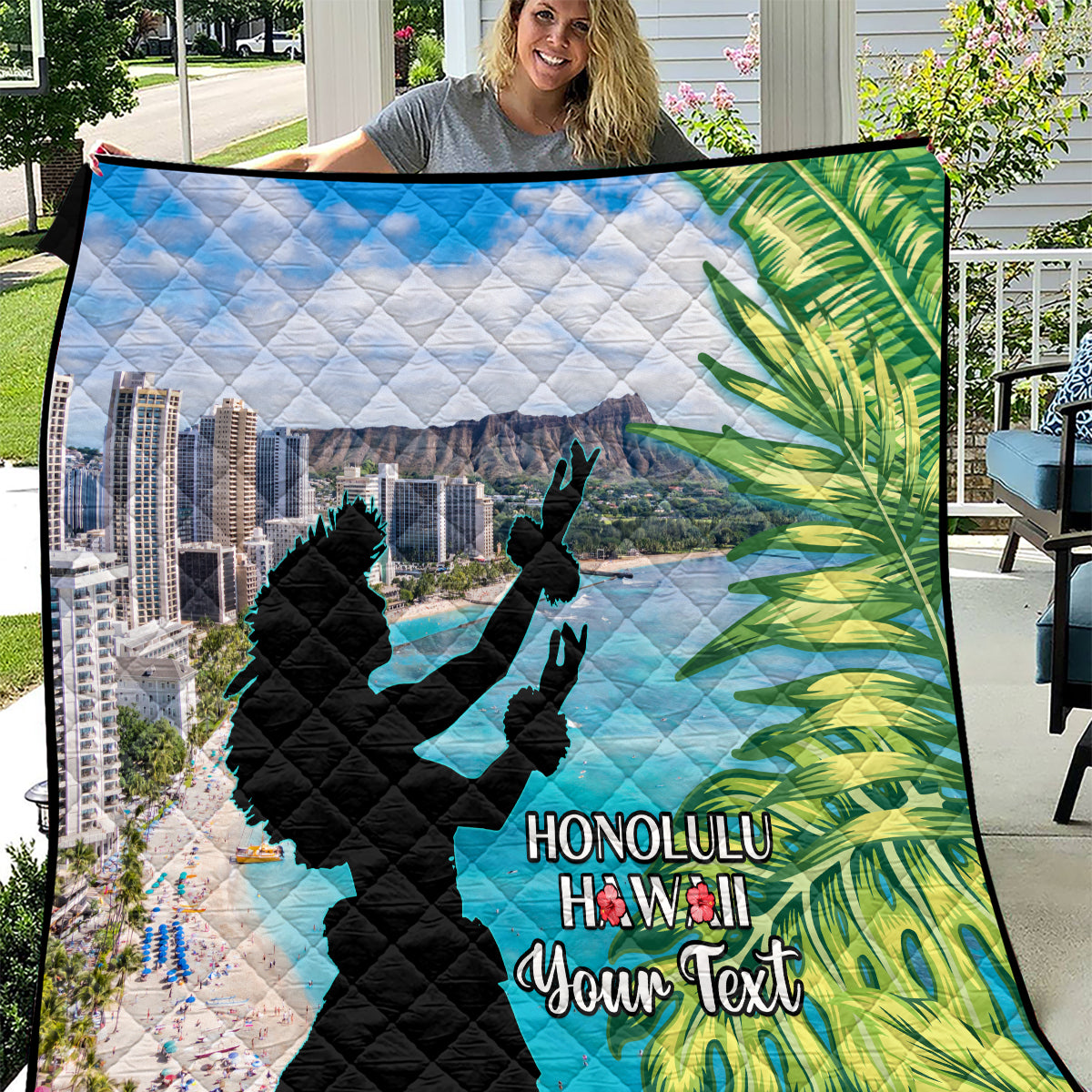 Personalised Honolulu Aloha Hawaii Quilt Tropical Leaves With Hula Girl LT14 Blue - Polynesian Pride