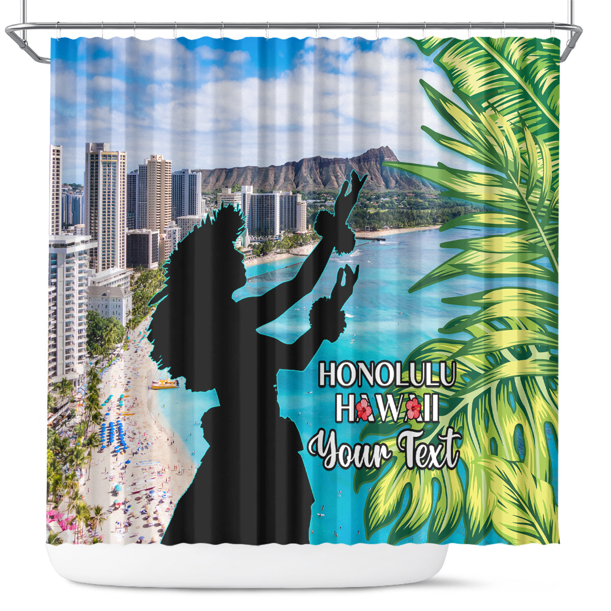 Personalised Honolulu Aloha Hawaii Shower Curtain Tropical Leaves With Hula Girl LT14 Blue - Polynesian Pride