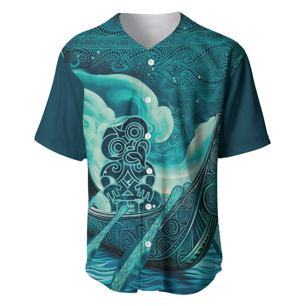 Personalised New Zealand Waitangi Day Baseball Jersey Hei Tiki With Maori Waka - Whakarare Pattern LT14 Dark Cyan - Polynesian Pride