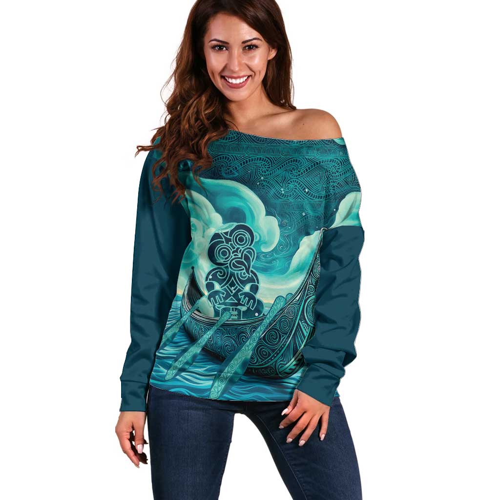 Personalised New Zealand Waitangi Day Off Shoulder Sweater Hei Tiki With Maori Waka - Whakarare Pattern LT14 Women Dark Cyan - Polynesian Pride