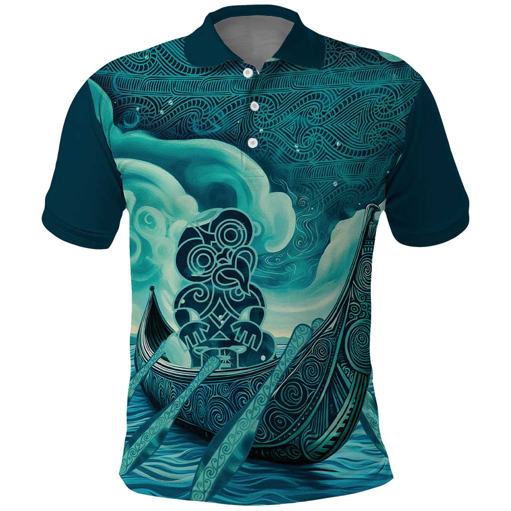 Personalised New Zealand Waitangi Day Polo Shirt Hei Tiki With Maori Waka - Whakarare Pattern LT14 Dark Cyan - Polynesian Pride