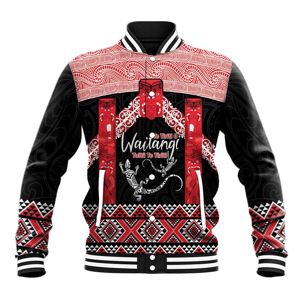 Toitu Te Tiriti O Waitangi Baseball Jacket Maori Wharenui With Taniko Motifs LT14 Unisex Red - Polynesian Pride