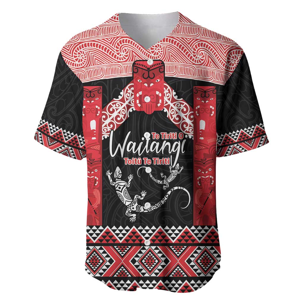 Toitu Te Tiriti O Waitangi Baseball Jersey Maori Wharenui With Taniko Motifs LT14 Red - Polynesian Pride