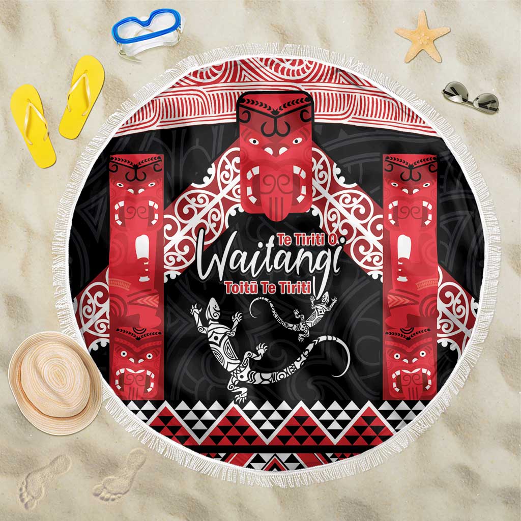 Toitu Te Tiriti O Waitangi Beach Blanket Maori Wharenui With Taniko Motifs LT14 One Size 150cm Red - Polynesian Pride