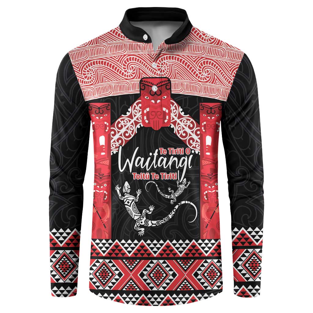 Toitu Te Tiriti O Waitangi Button Sweatshirt Maori Wharenui With Taniko Motifs LT14 Red - Polynesian Pride