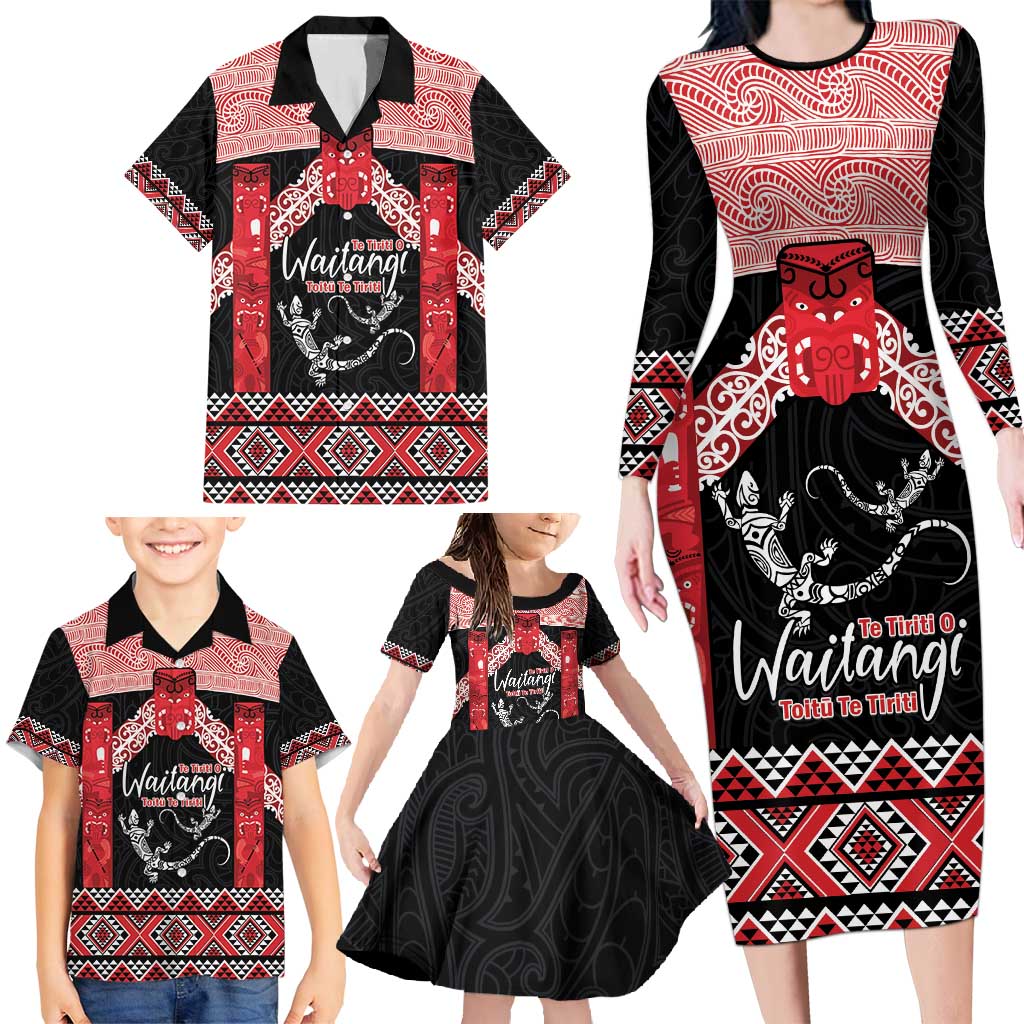 Toitu Te Tiriti O Waitangi Family Matching Long Sleeve Bodycon Dress and Hawaiian Shirt Maori Wharenui With Taniko Motifs