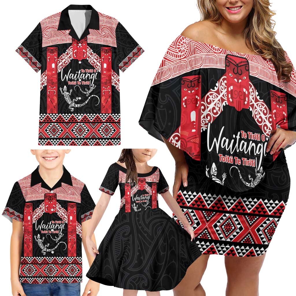 Toitu Te Tiriti O Waitangi Family Matching Off Shoulder Short Dress and Hawaiian Shirt Maori Wharenui With Taniko Motifs