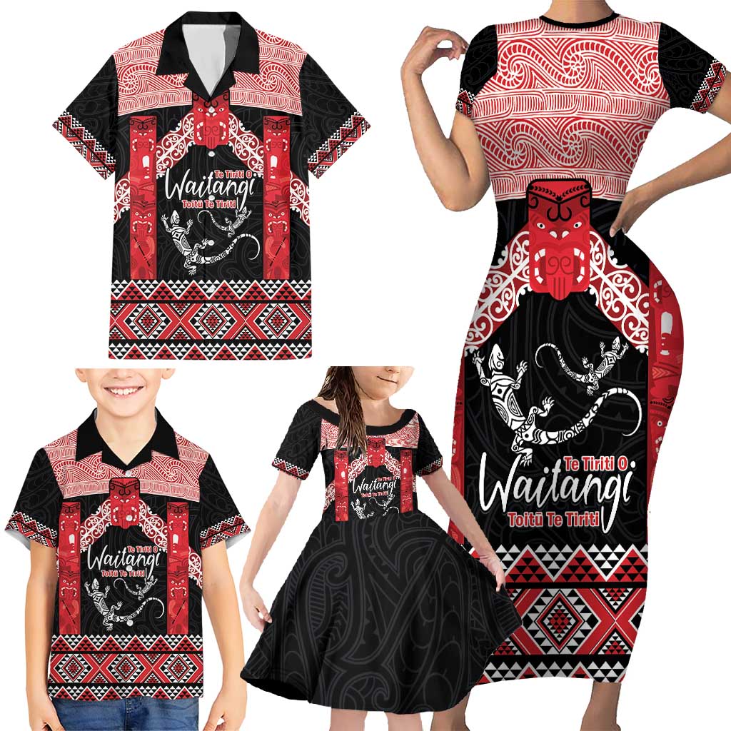 Toitu Te Tiriti O Waitangi Family Matching Short Sleeve Bodycon Dress and Hawaiian Shirt Maori Wharenui With Taniko Motifs