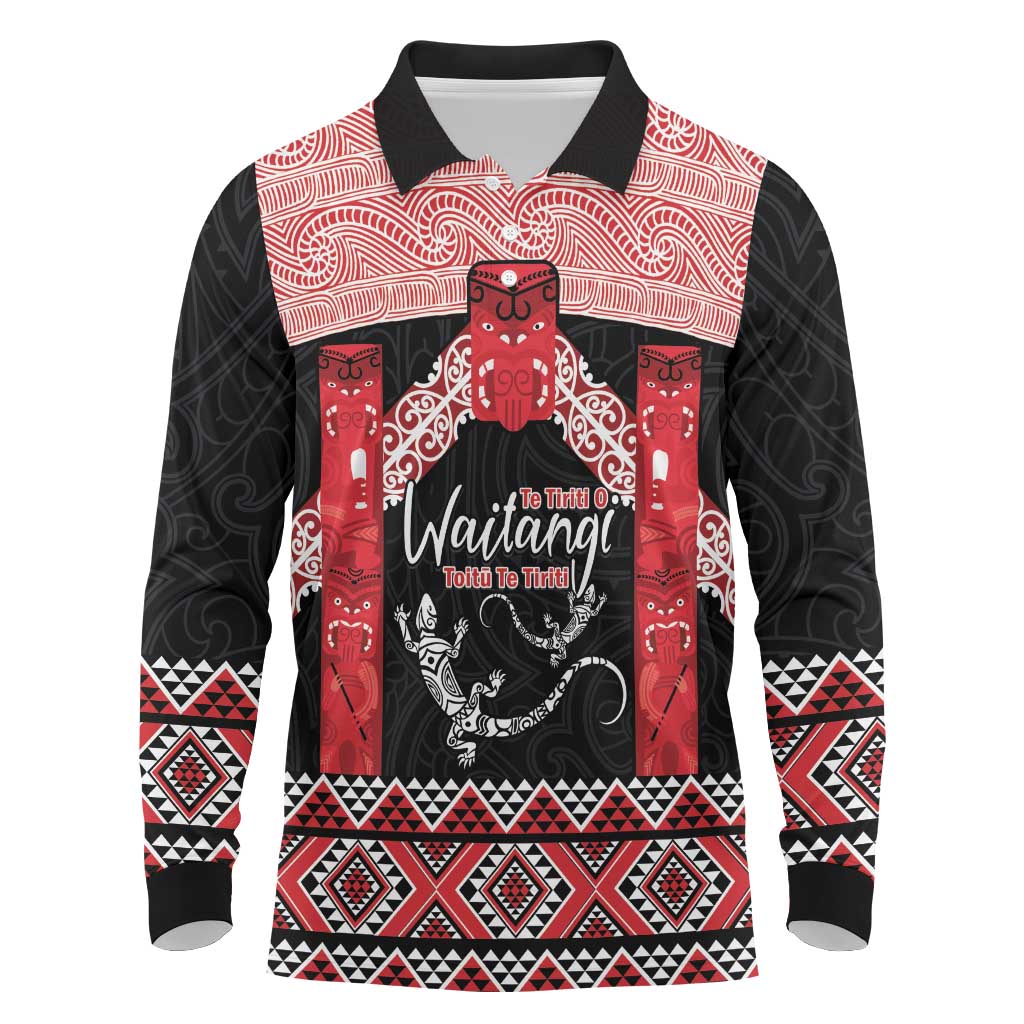 Toitu Te Tiriti O Waitangi Long Sleeve Polo Shirt Maori Wharenui With Taniko Motifs