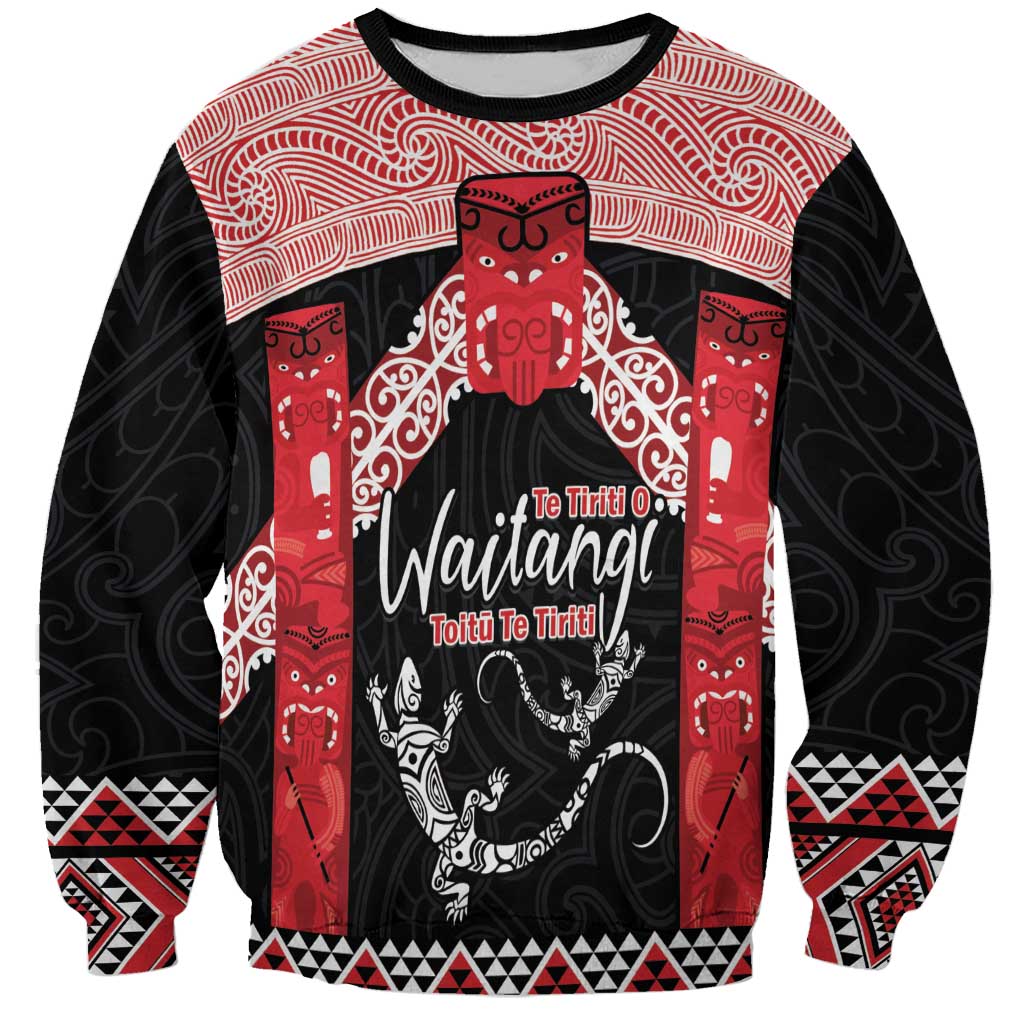 Toitu Te Tiriti O Waitangi Sweatshirt Maori Wharenui With Taniko Motifs LT14 Unisex Red - Polynesian Pride