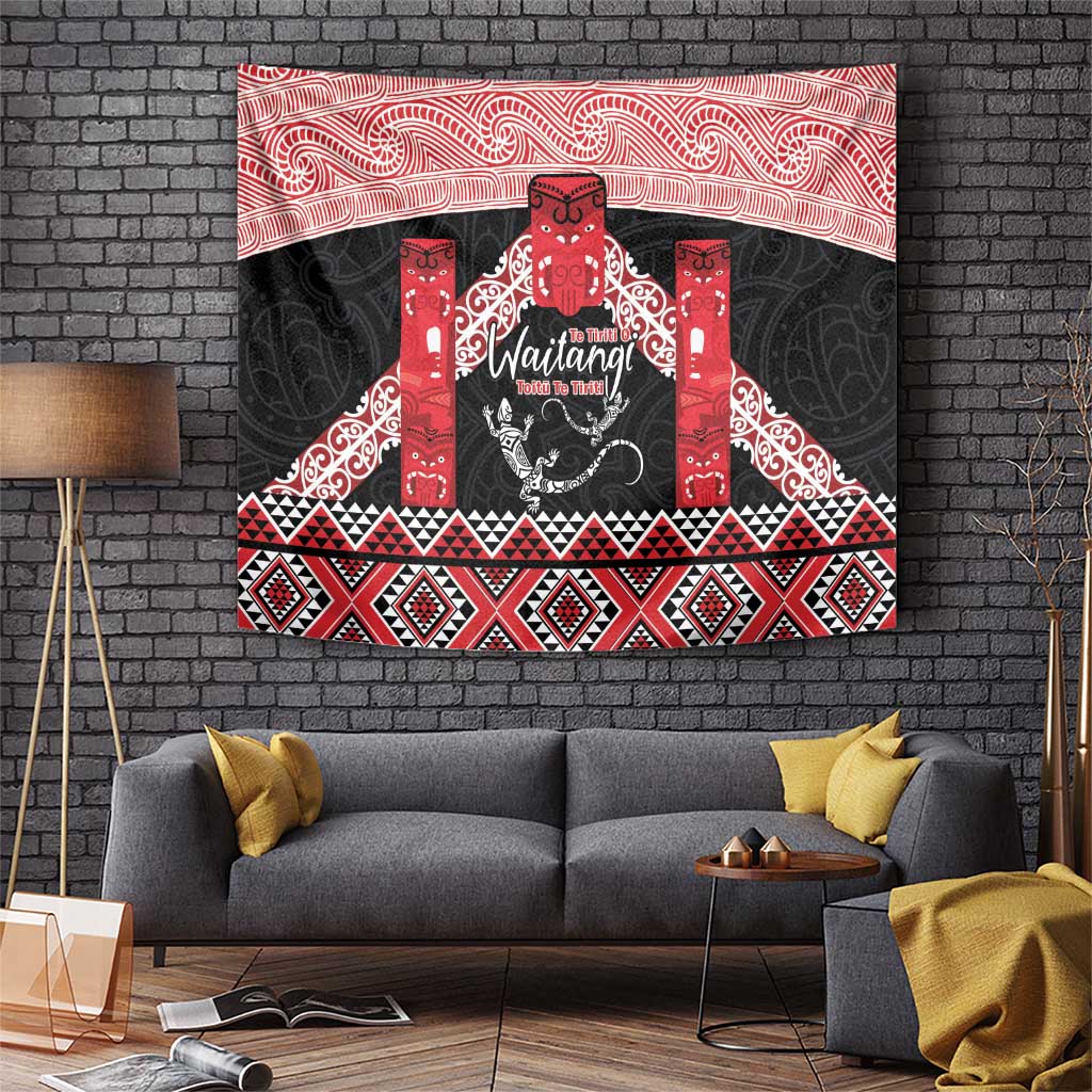 Toitu Te Tiriti O Waitangi Tapestry Maori Wharenui With Taniko Motifs LT14 Red - Polynesian Pride