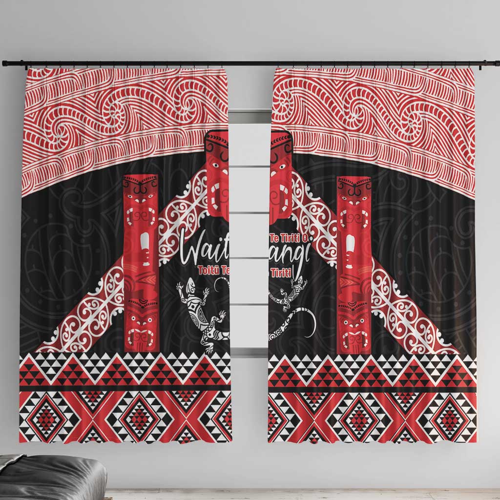 Toitu Te Tiriti O Waitangi Window Curtain Maori Wharenui With Taniko Motifs LT14 With Hooks Red - Polynesian Pride