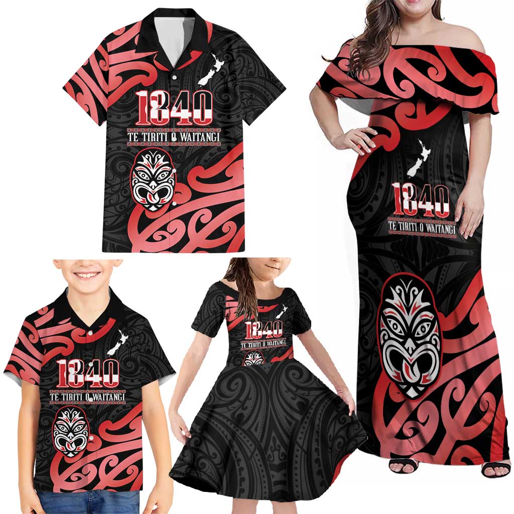 New Zealand 1840 Waitangi Day Family Matching Off Shoulder Maxi Dress and Hawaiian Shirt Aotearoa Haka Mask - Red Version