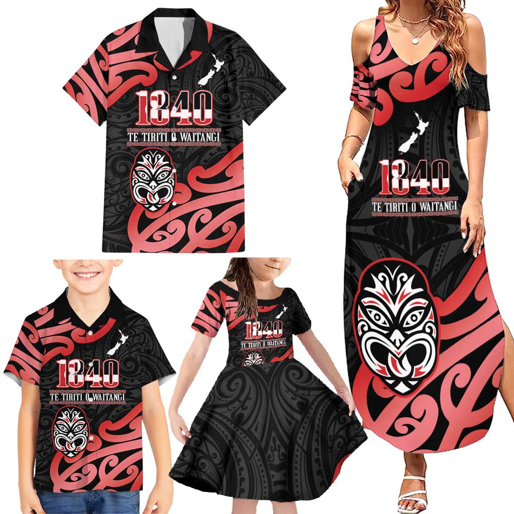 New Zealand 1840 Waitangi Day Family Matching Summer Maxi Dress and Hawaiian Shirt Aotearoa Haka Mask - Red Version