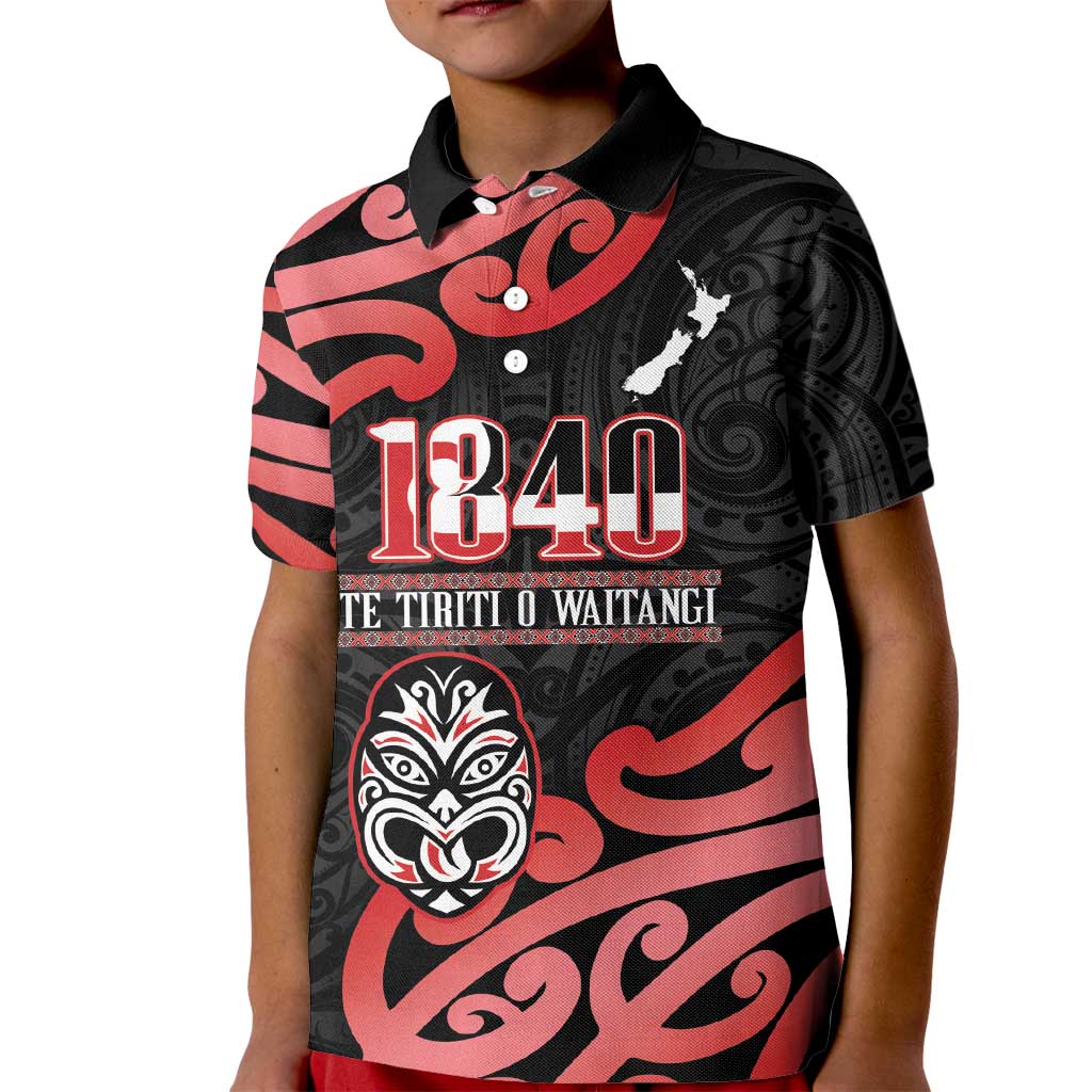New Zealand 1840 Waitangi Day Kid Polo Shirt Aotearoa Haka Mask - Red Version LT14 Kid Red - Polynesian Pride
