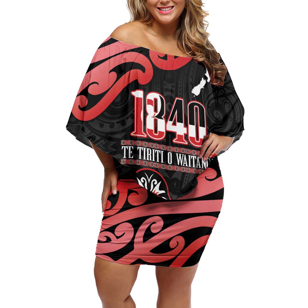 New Zealand 1840 Waitangi Day Off Shoulder Short Dress Aotearoa Haka Mask - Red Version LT14 Women Red - Polynesian Pride