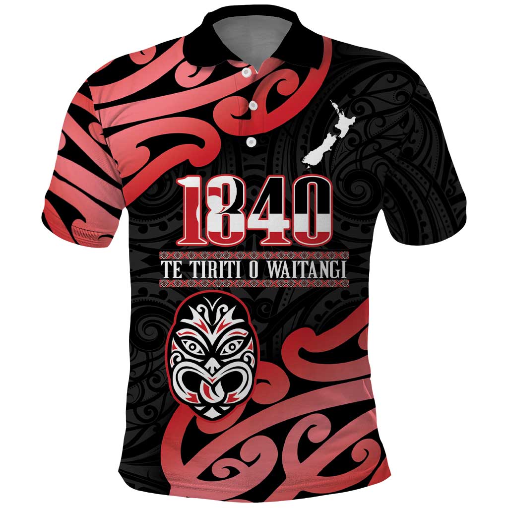 New Zealand 1840 Waitangi Day Polo Shirt Aotearoa Haka Mask - Red Version LT14 Red - Polynesian Pride