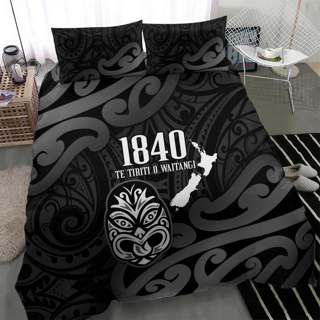 New Zealand 1840 Waitangi Day Bedding Set Aotearoa Haka Mask - Black Version LT14 - Polynesian Pride