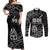 New Zealand 1840 Waitangi Day Couples Matching Off Shoulder Maxi Dress and Long Sleeve Button Shirt Aotearoa Haka Mask - Black Version