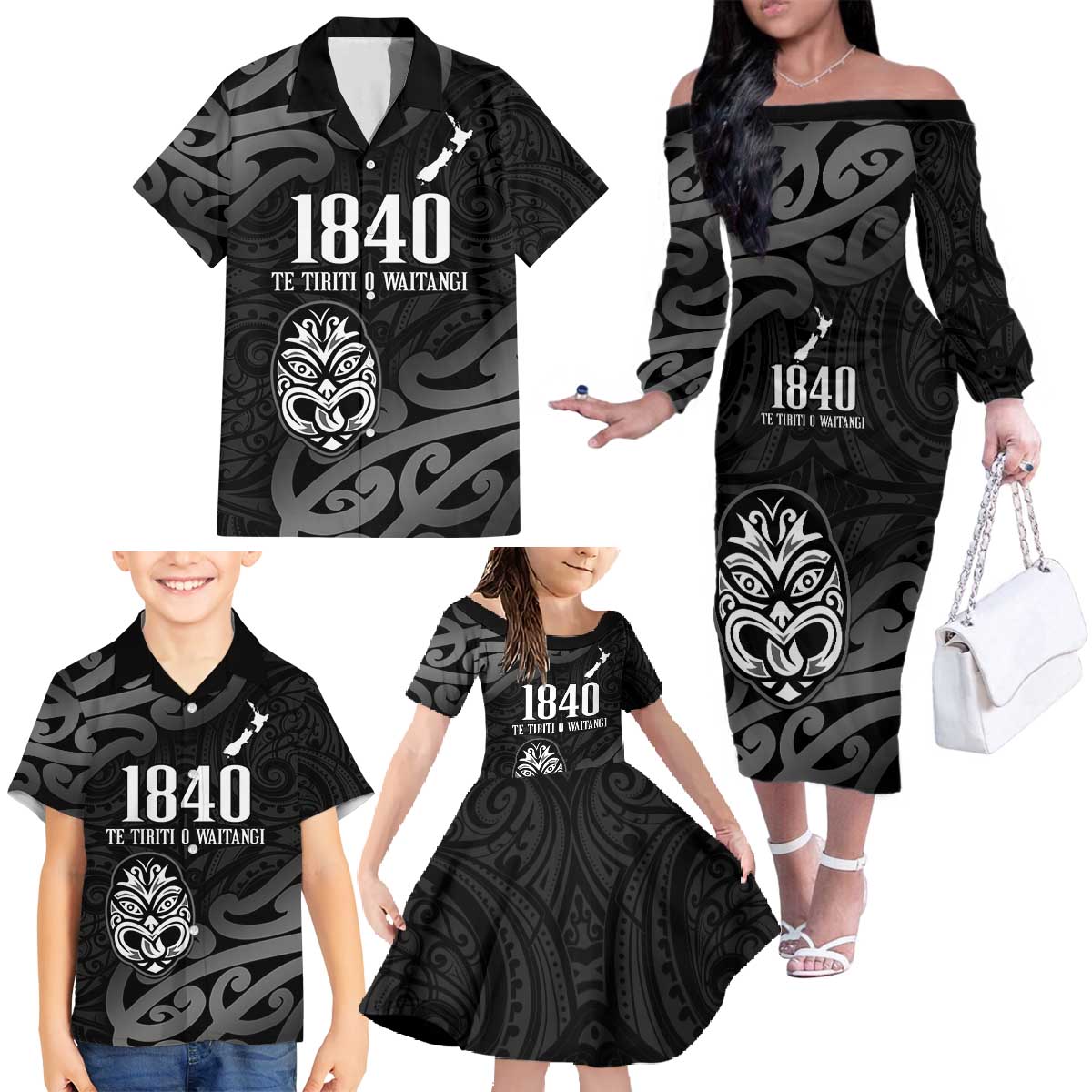 New Zealand 1840 Waitangi Day Family Matching Off The Shoulder Long Sleeve Dress and Hawaiian Shirt Aotearoa Haka Mask - Black Version