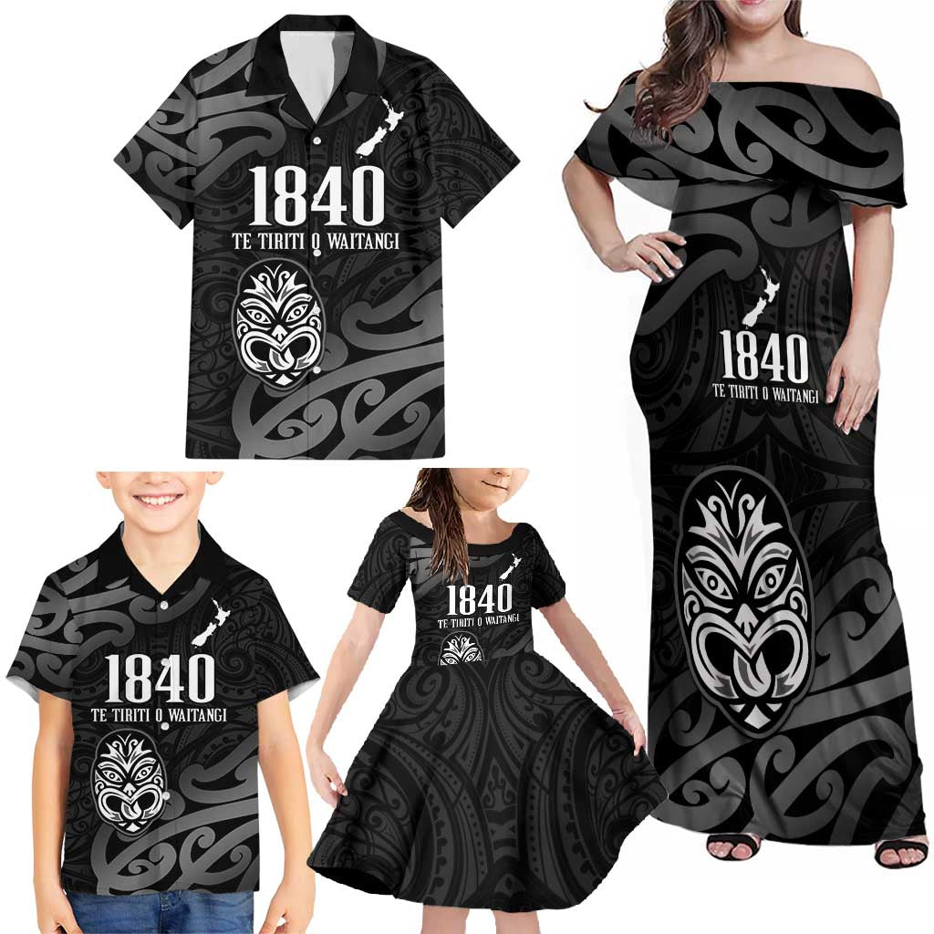 New Zealand 1840 Waitangi Day Family Matching Off Shoulder Maxi Dress and Hawaiian Shirt Aotearoa Haka Mask - Black Version