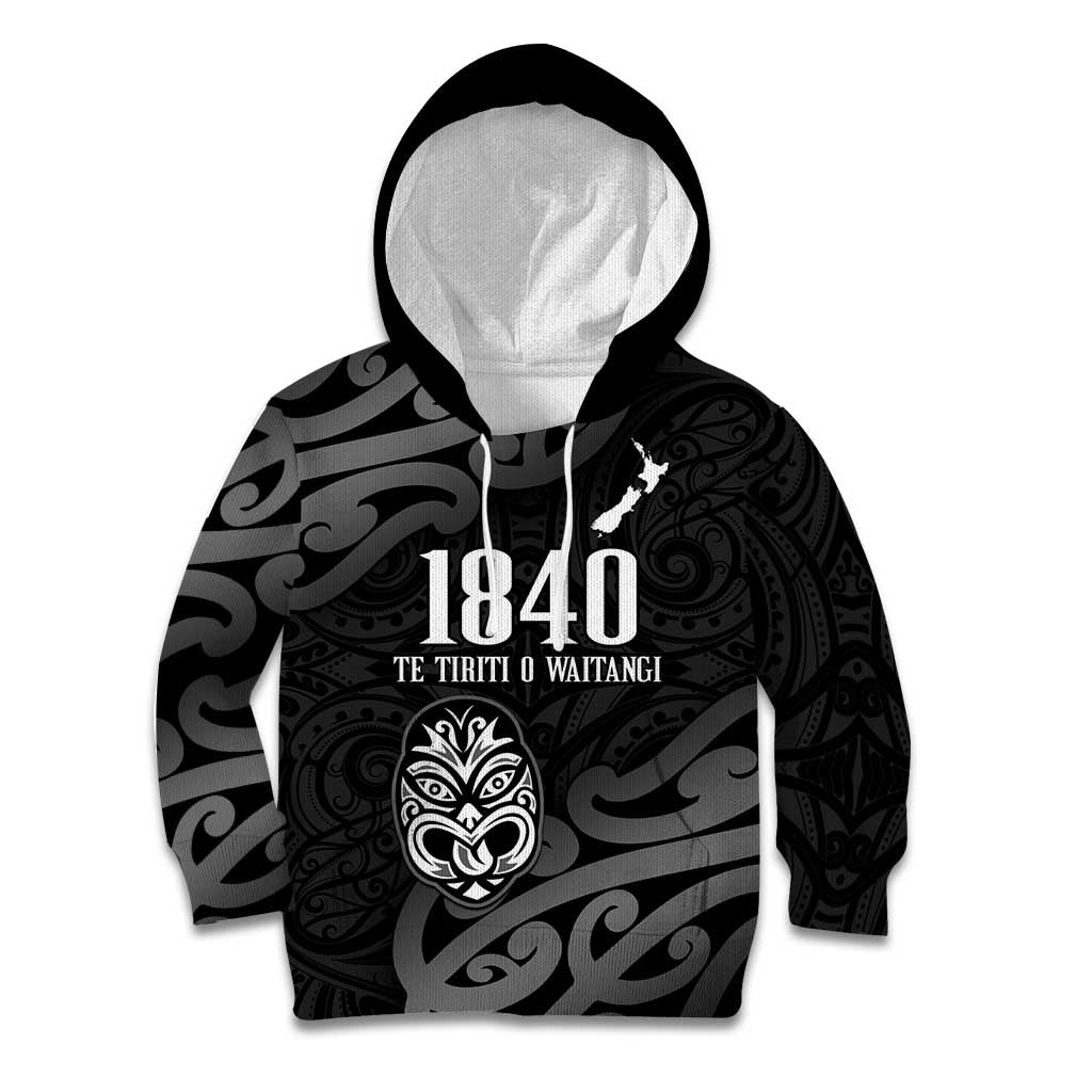 New Zealand 1840 Waitangi Day Kid Hoodie Aotearoa Haka Mask - Black Version LT14 Hoodie Black - Polynesian Pride