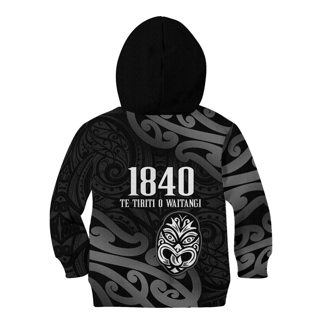 New Zealand 1840 Waitangi Day Kid Hoodie Aotearoa Haka Mask - Black Version LT14 - Polynesian Pride