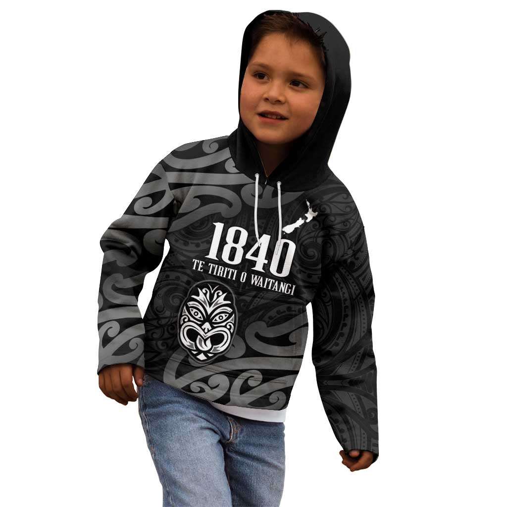 New Zealand 1840 Waitangi Day Kid Hoodie Aotearoa Haka Mask - Black Version LT14 - Polynesian Pride