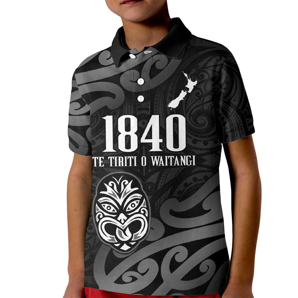 New Zealand 1840 Waitangi Day Kid Polo Shirt Aotearoa Haka Mask - Black Version LT14 Kid Black - Polynesian Pride