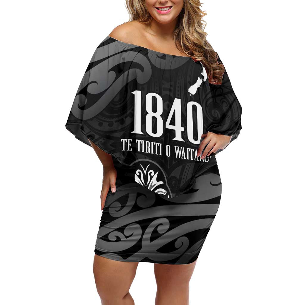 New Zealand 1840 Waitangi Day Off Shoulder Short Dress Aotearoa Haka Mask - Black Version LT14 Women Black - Polynesian Pride