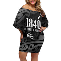 New Zealand 1840 Waitangi Day Off Shoulder Short Dress Aotearoa Haka Mask - Black Version LT14 Women Black - Polynesian Pride