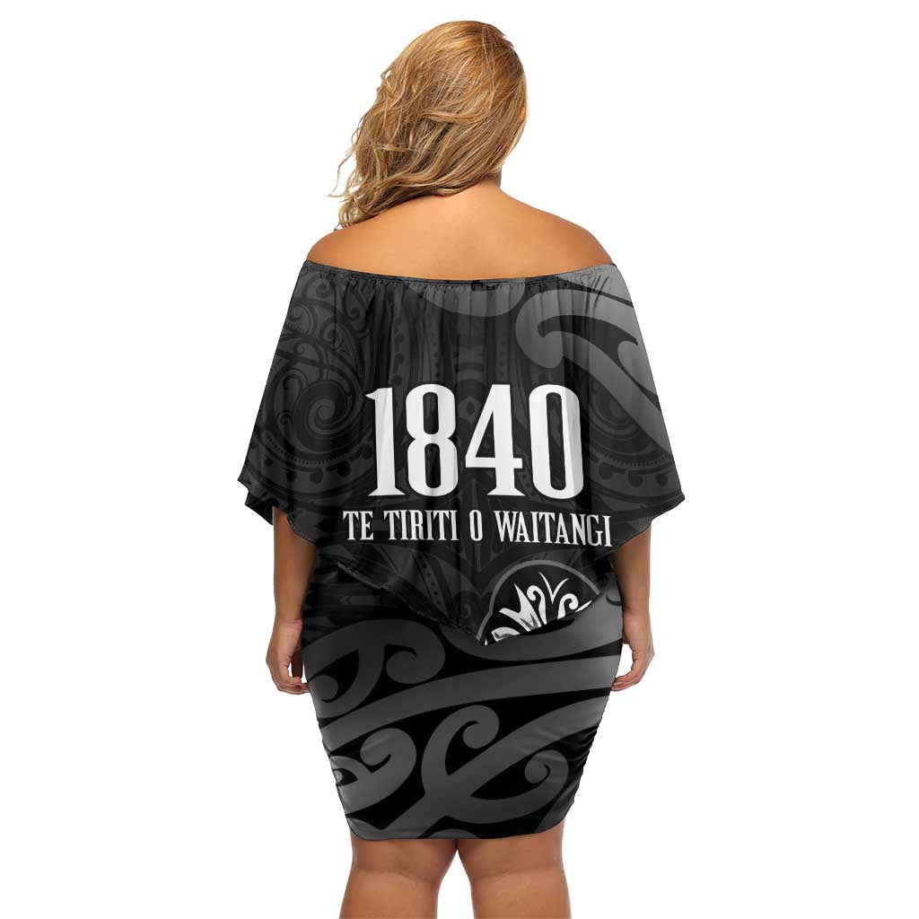 New Zealand 1840 Waitangi Day Off Shoulder Short Dress Aotearoa Haka Mask - Black Version LT14 - Polynesian Pride