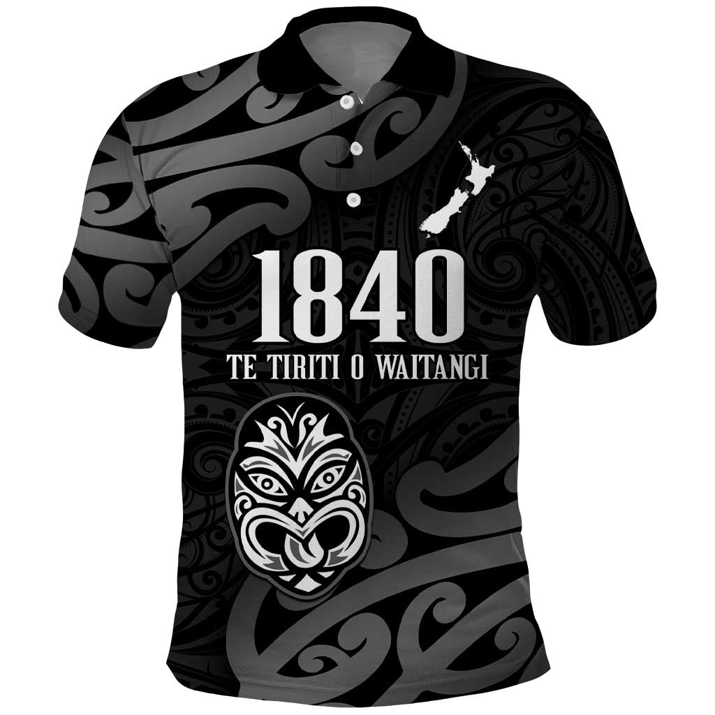 New Zealand 1840 Waitangi Day Polo Shirt Aotearoa Haka Mask - Black Version LT14 Black - Polynesian Pride