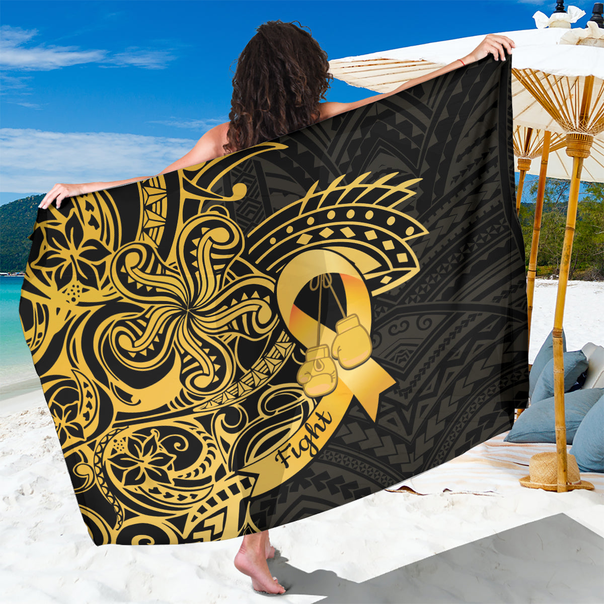 Polynesia Bone Cancer Awareness Sarong Fight Warriors LT14 One Size 44 x 66 inches Black - Polynesian Pride