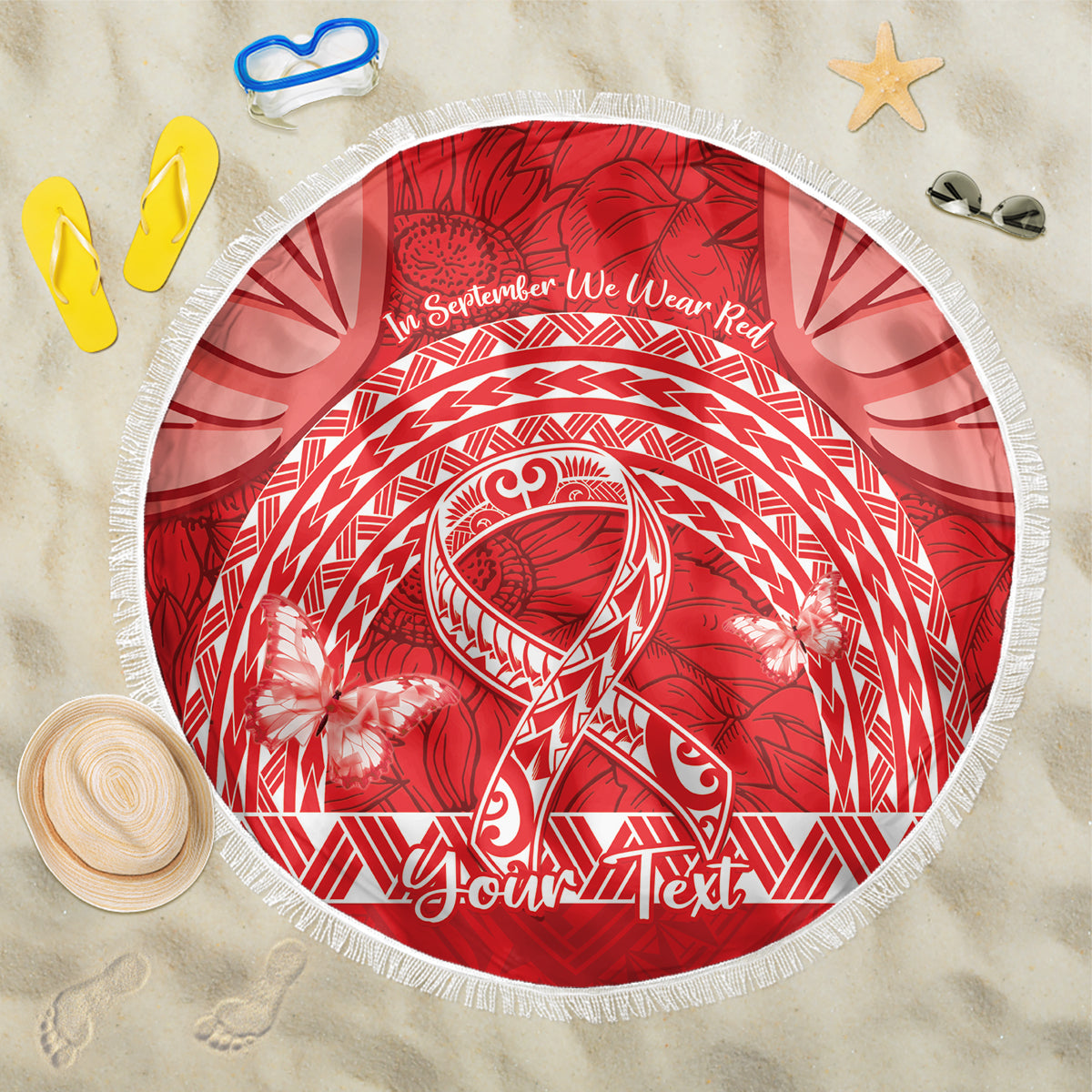 Personalised In September We Wear Red Beach Blanket Polynesia Blood Cancer Awareness LT14 One Size 150cm Red - Polynesian Pride