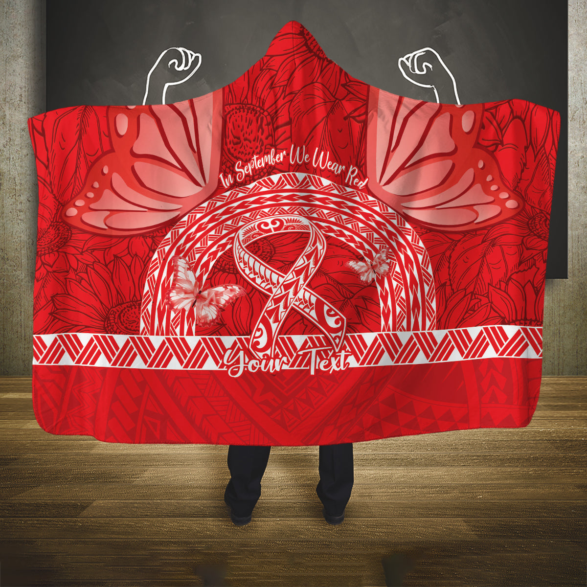 Personalised In September We Wear Red Hooded Blanket Polynesia Blood Cancer Awareness LT14 One Size Red - Polynesian Pride