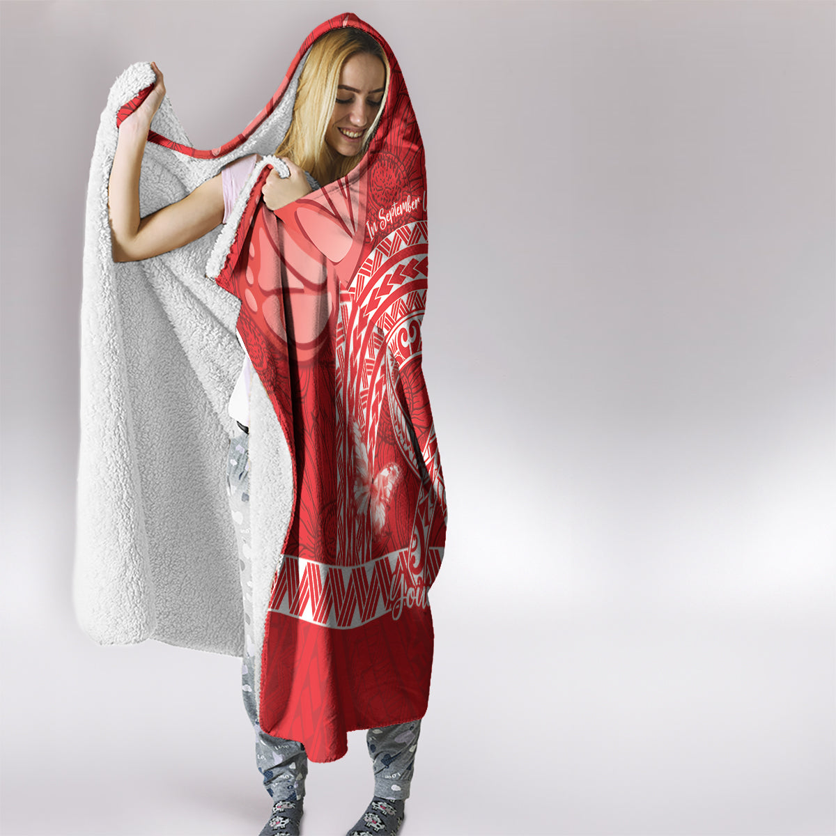 Personalised In September We Wear Red Hooded Blanket Polynesia Blood Cancer Awareness LT14 - Polynesian Pride