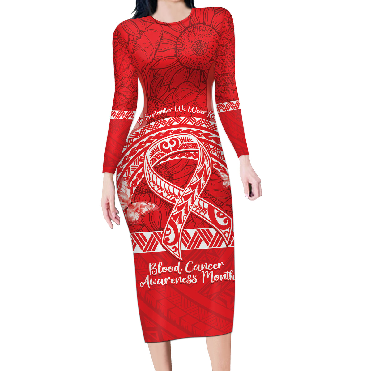 Personalised In September We Wear Red Long Sleeve Bodycon Dress Polynesia Blood Cancer Awareness LT14 Long Dress Red - Polynesian Pride