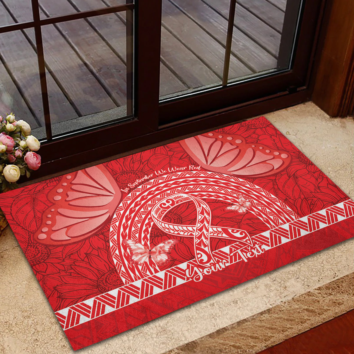 Personalised In September We Wear Red Rubber Doormat Polynesia Blood Cancer Awareness LT14 - Polynesian Pride