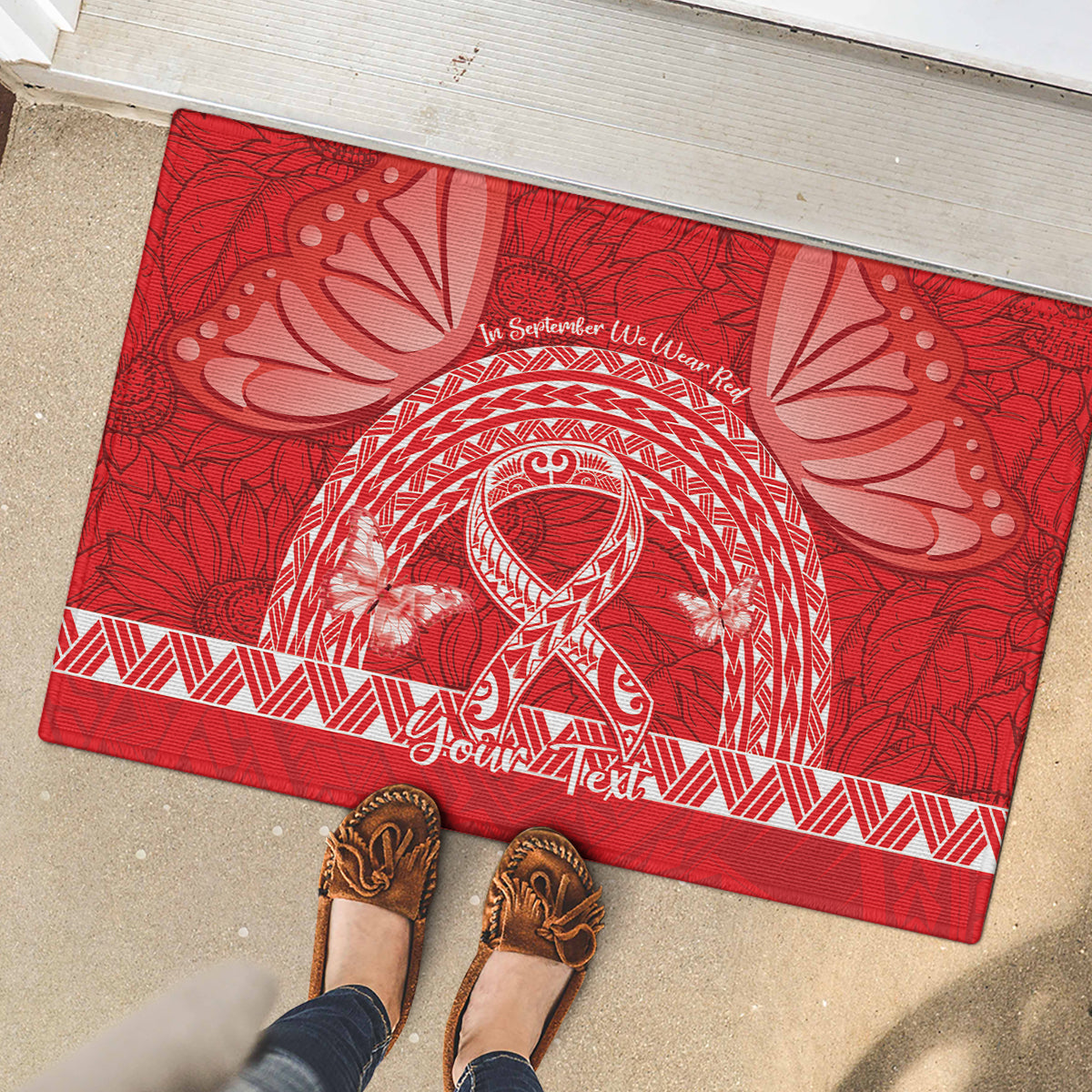 Personalised In September We Wear Red Rubber Doormat Polynesia Blood Cancer Awareness LT14 - Polynesian Pride