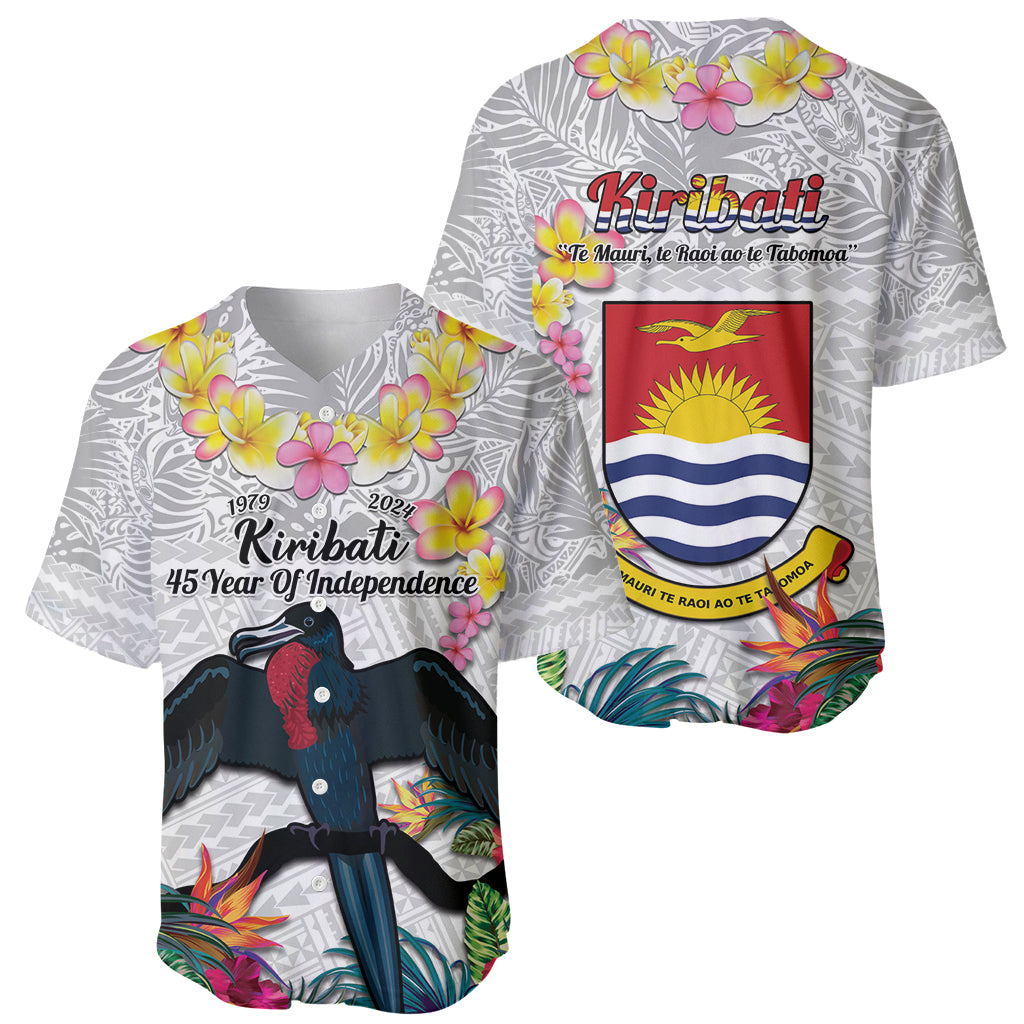 Kiribati Independence Day Baseball Jersey Frigatebird Mix Tropical Flowers - White Style LT14 - Polynesian Pride
