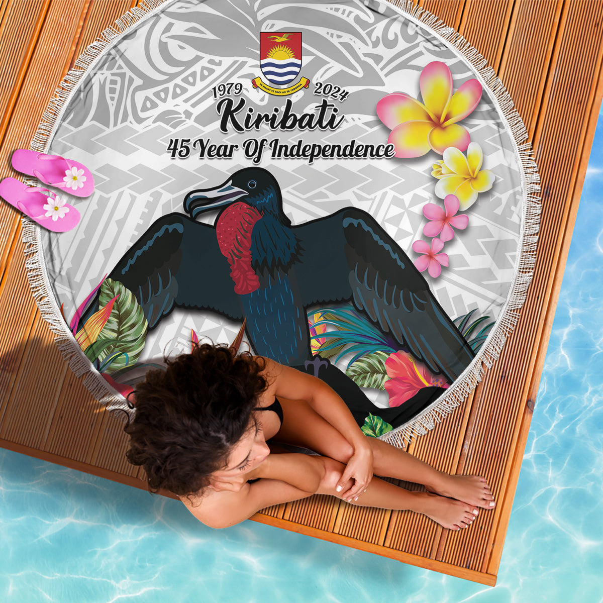 Kiribati Independence Day Beach Blanket Frigatebird Mix Tropical Flowers - White Style LT14 - Polynesian Pride