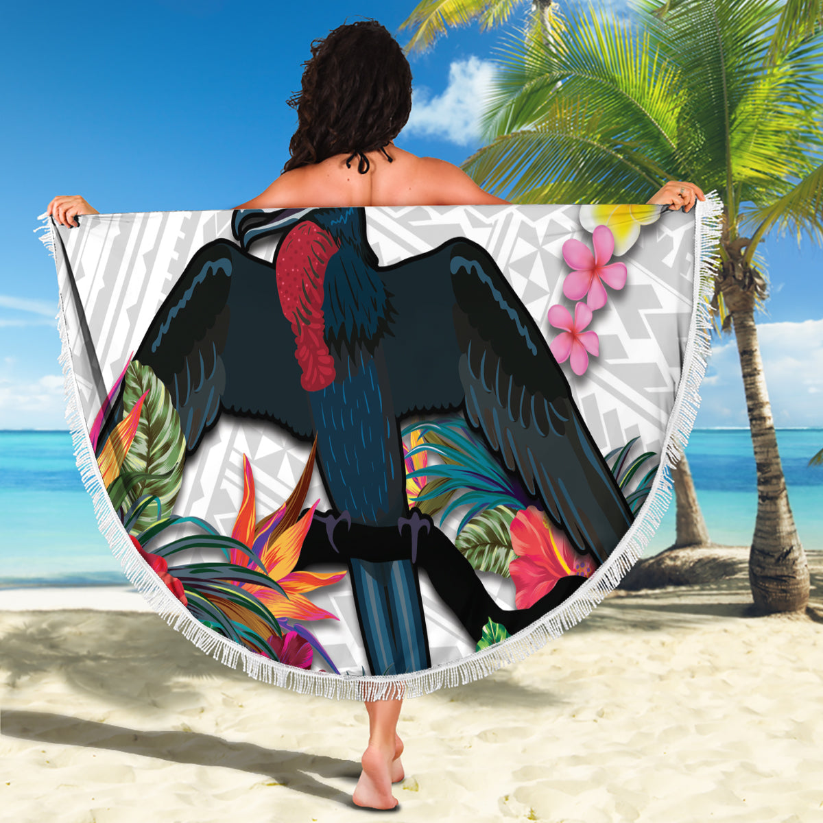 Kiribati Independence Day Beach Blanket Frigatebird Mix Tropical Flowers - White Style LT14 - Polynesian Pride
