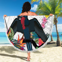 Kiribati Independence Day Beach Blanket Frigatebird Mix Tropical Flowers - White Style LT14 - Polynesian Pride