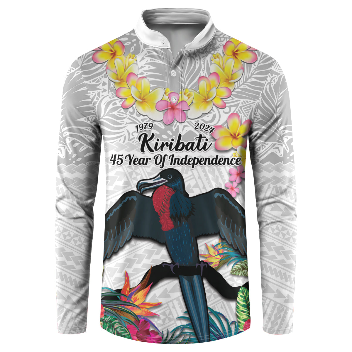 Kiribati Independence Day Button Sweatshirt Frigatebird Mix Tropical Flowers - White Style LT14 White - Polynesian Pride