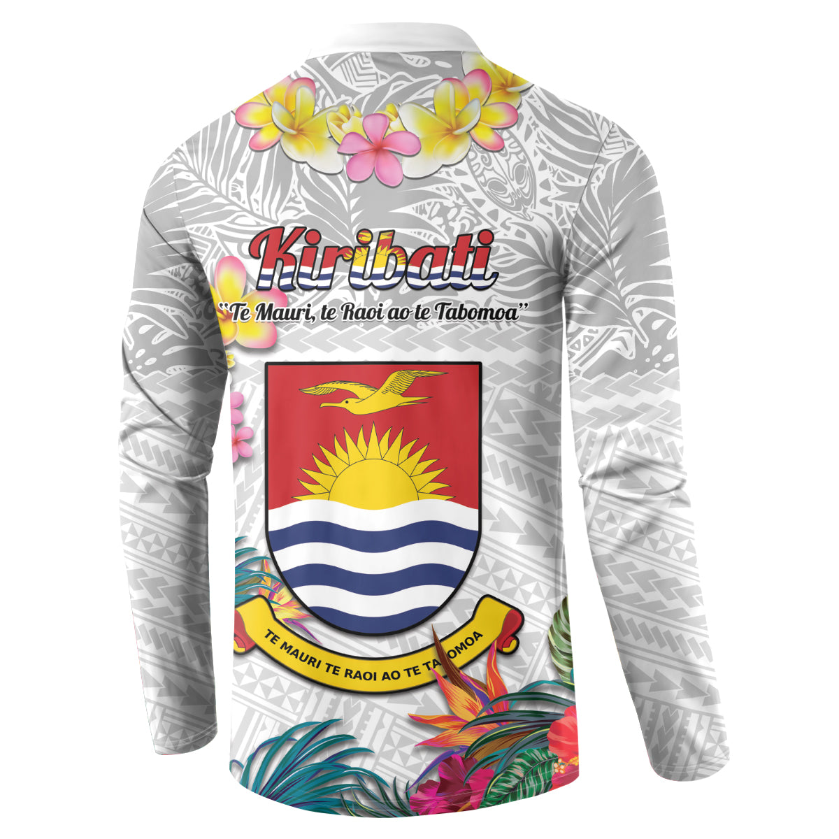 Kiribati Independence Day Button Sweatshirt Frigatebird Mix Tropical Flowers - White Style LT14 - Polynesian Pride