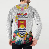Kiribati Independence Day Button Sweatshirt Frigatebird Mix Tropical Flowers - White Style LT14 - Polynesian Pride