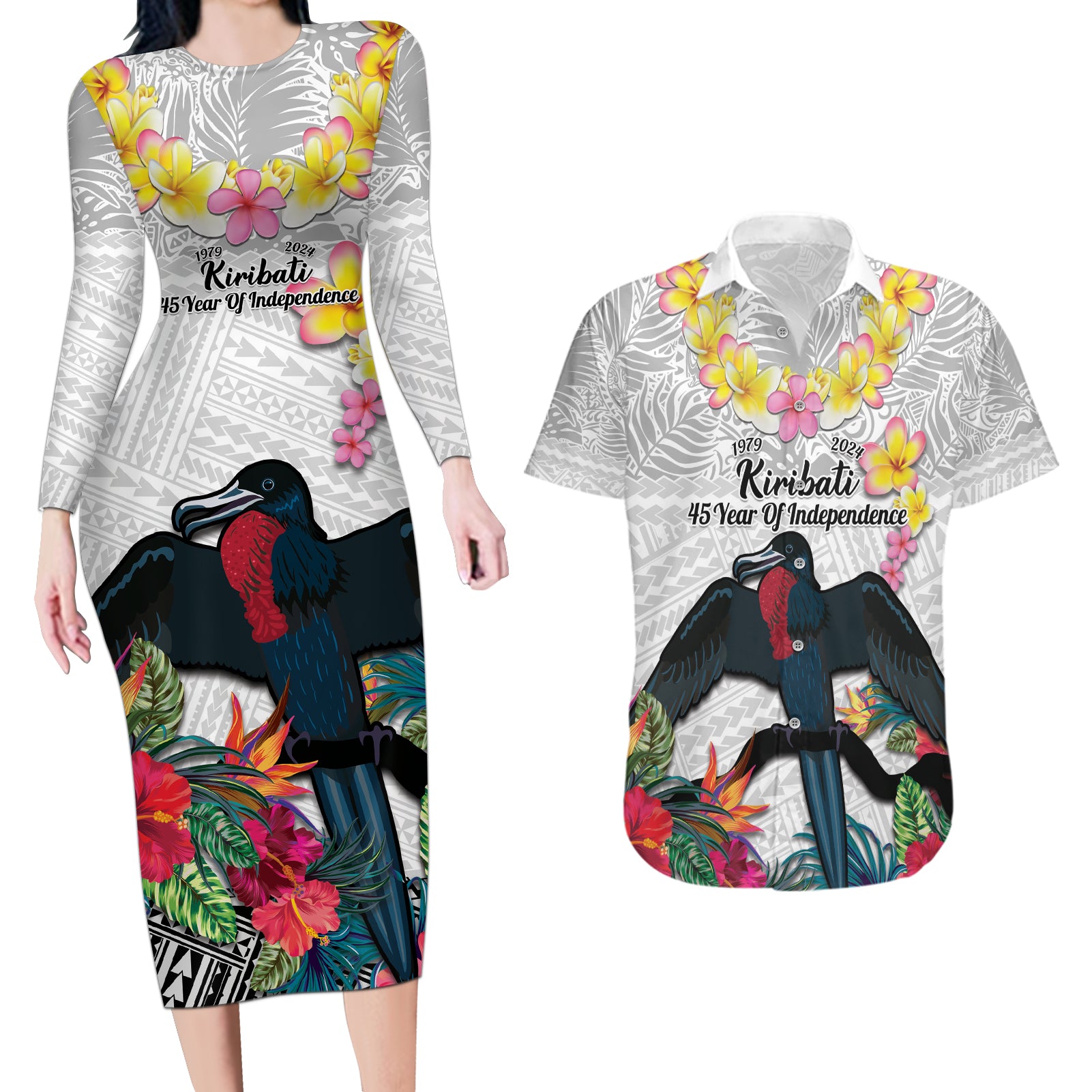 Kiribati Independence Day Couples Matching Long Sleeve Bodycon Dress and Hawaiian Shirt Frigatebird Mix Tropical Flowers - White Style