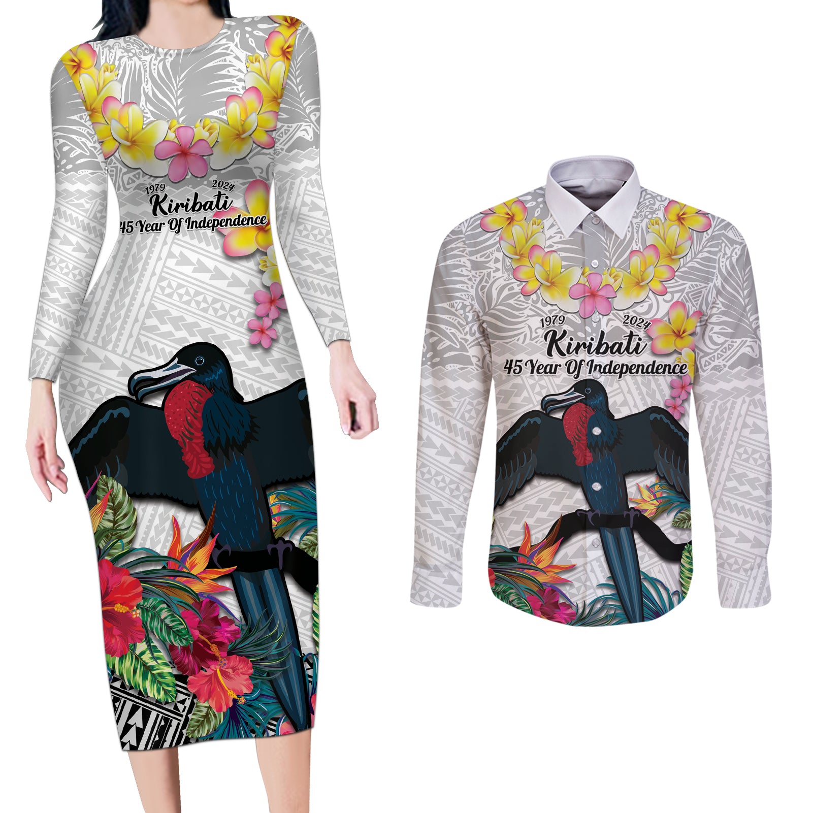 Kiribati Independence Day Couples Matching Long Sleeve Bodycon Dress and Long Sleeve Button Shirt Frigatebird Mix Tropical Flowers - White Style