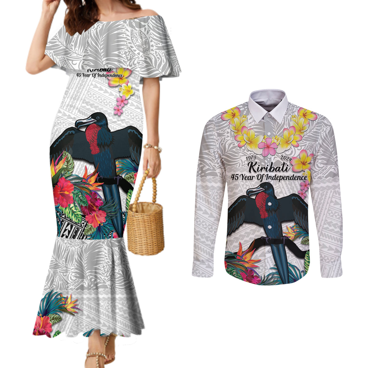 Kiribati Independence Day Couples Matching Mermaid Dress and Long Sleeve Button Shirt Frigatebird Mix Tropical Flowers - White Style